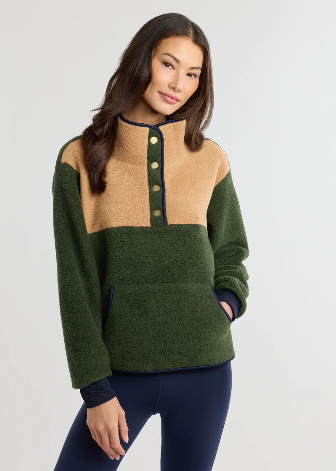 Finlay Pullover in Sherpa Fleece (Spruce/Camel) | Dudley Stephens