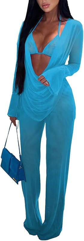 EDITCOZY Women Mesh Sheer 3pcs Outfits Long Sleeve Top Long Pant Bikini Cover Up | Amazon (US)