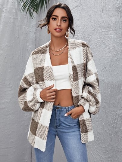 SHEIN Drop Shoulder Buffalo Plaid Teddy Coat | SHEIN