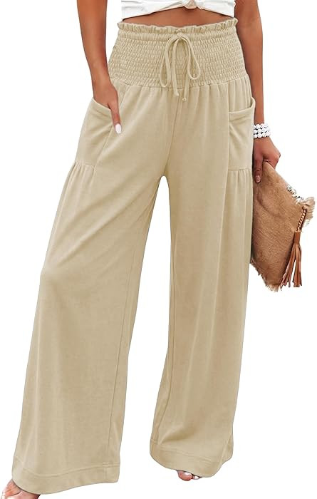 Athlisan Womens Baggy Wide Leg Palazzo Pants Casual Boho Smocked High Waist Lounge Trousers Beach... | Amazon (US)