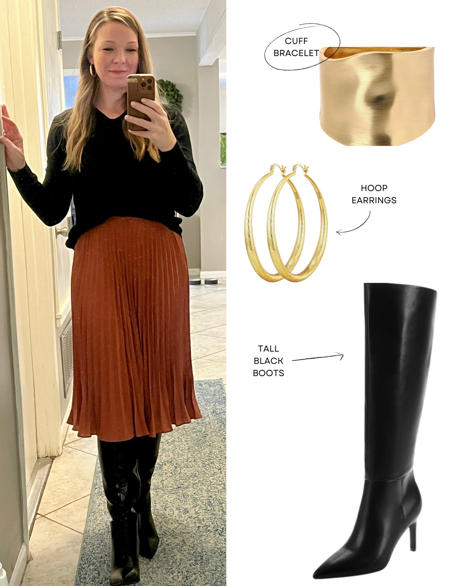 Perfect outfit for work to feel stylish and comfortable too  
Knee high pointed toe tall black boots, side zipper, high waist pleated a-line swing midi skirt, black v neck sweater, gold cuff bracelet and gold hoop earrings. 

#LTKworkwear #LTKover40 #LTKfindsunder100