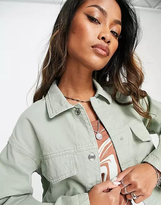 Bershka cotton canvas jacket with large pockets in sage | ASOS (Global)