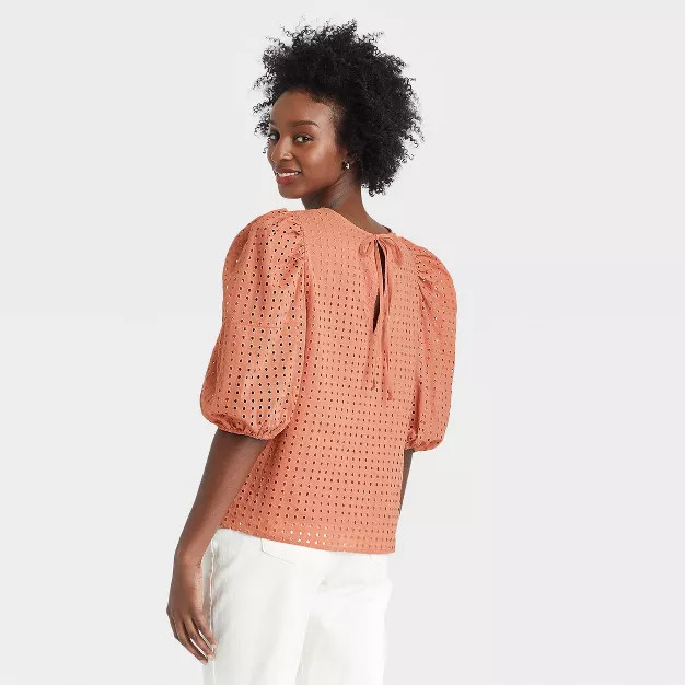 Women's Short Puff Sleeve Eyelet Top - A New Day™ | Target