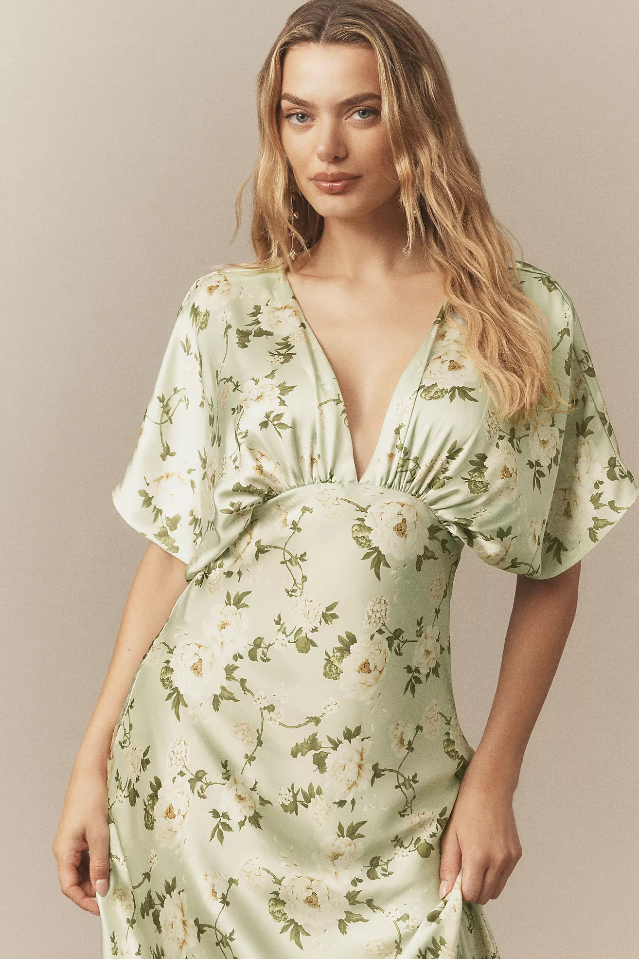 BHLDN Amelia Deep-V Flutter-Sleeve Satin A-Line Gown | Anthropologie (US)