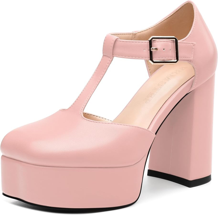 FEMSTEP Women's T-Strap Mary Jane Heels Platform High Block Chunky Square Toe Pumps Party Shoppin... | Amazon (US)