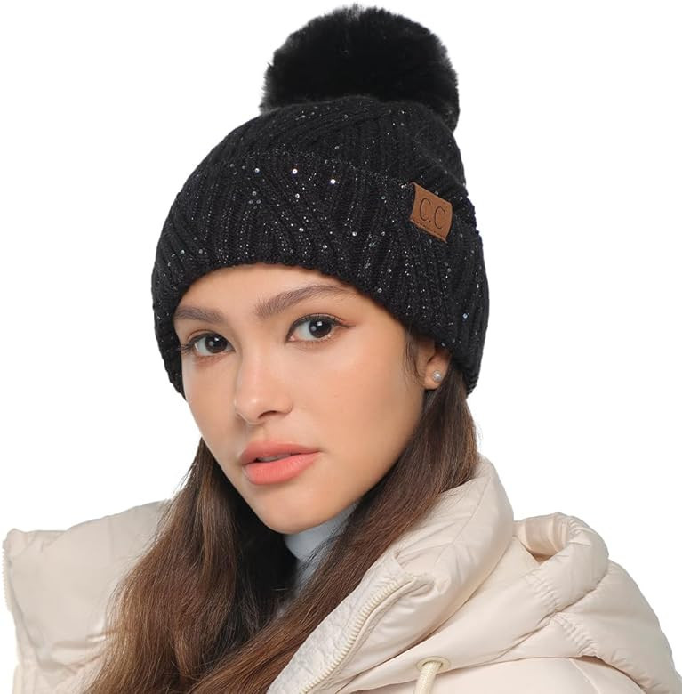 C.C Sequin Pom Beanie for Women - Acrylic Stretchable Soft Warm Knit Winter Skully Hat with Yarn ... | Amazon (US)