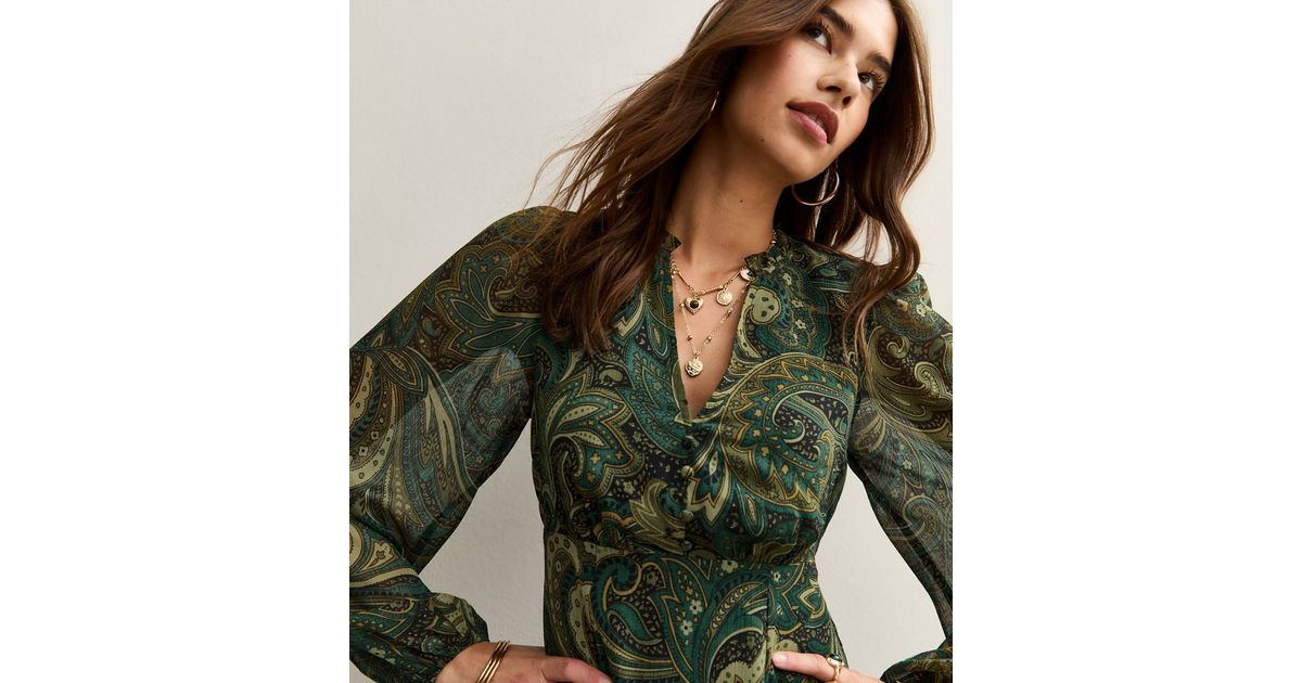 Green Paisley Print Chiffon Long Sleeve Mini Dress | New Look | New Look (UK)