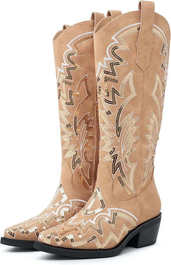 Cowboy Boots For Women Classic Sequin Embroidered Mid Calf Western Cowgirl Boots with Chunky Bloc... | Amazon (US)