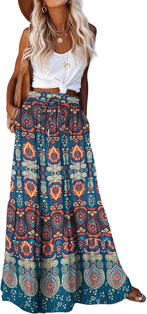 Bsubseach Skirts for Women Summer 2025 Boho Pleated Flowy Long Skirts Casual A Line Floral Maxi S... | Amazon (US)