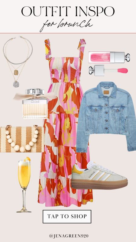 Brunch Outfit Inspo | Printed Dress | Spring Outfit | Adidas Sneakers | Denim Jacket | Layered Necklace 

#LTKstyletip #LTKshoecrush #LTKitbag