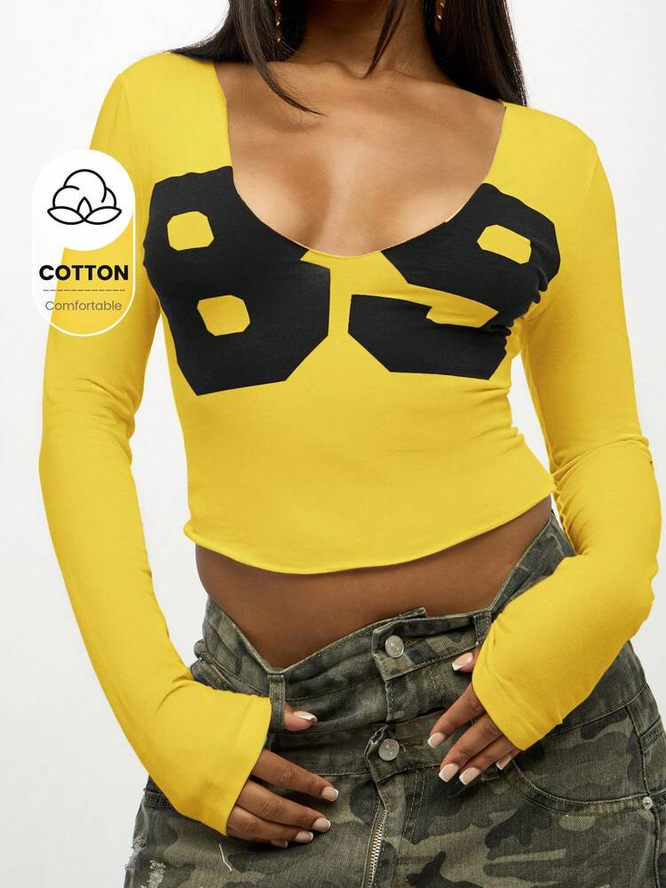 SUMWON WOMEN Long Sleeve Crop Top With Graphic Print V Neck Fitted Cotton Casual Tee Shirt For Fa... | SHEIN