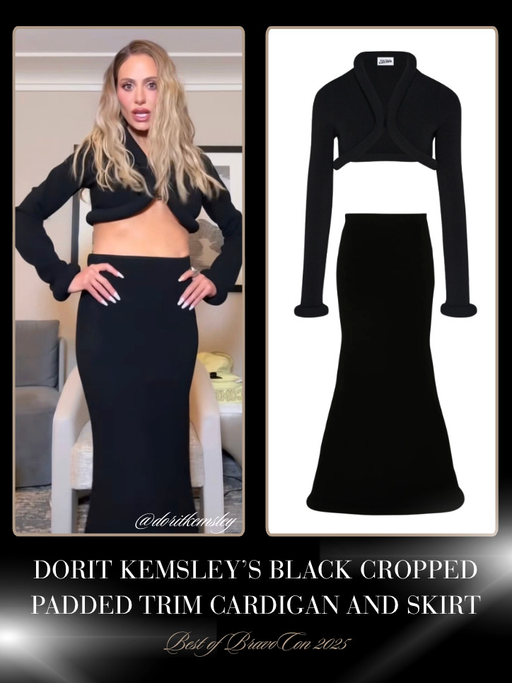Dorit Kemsley's Black Cropped Padded Trim Cardigan and Skirt at BravoCon 2025 📸= @doritkemsley 

 