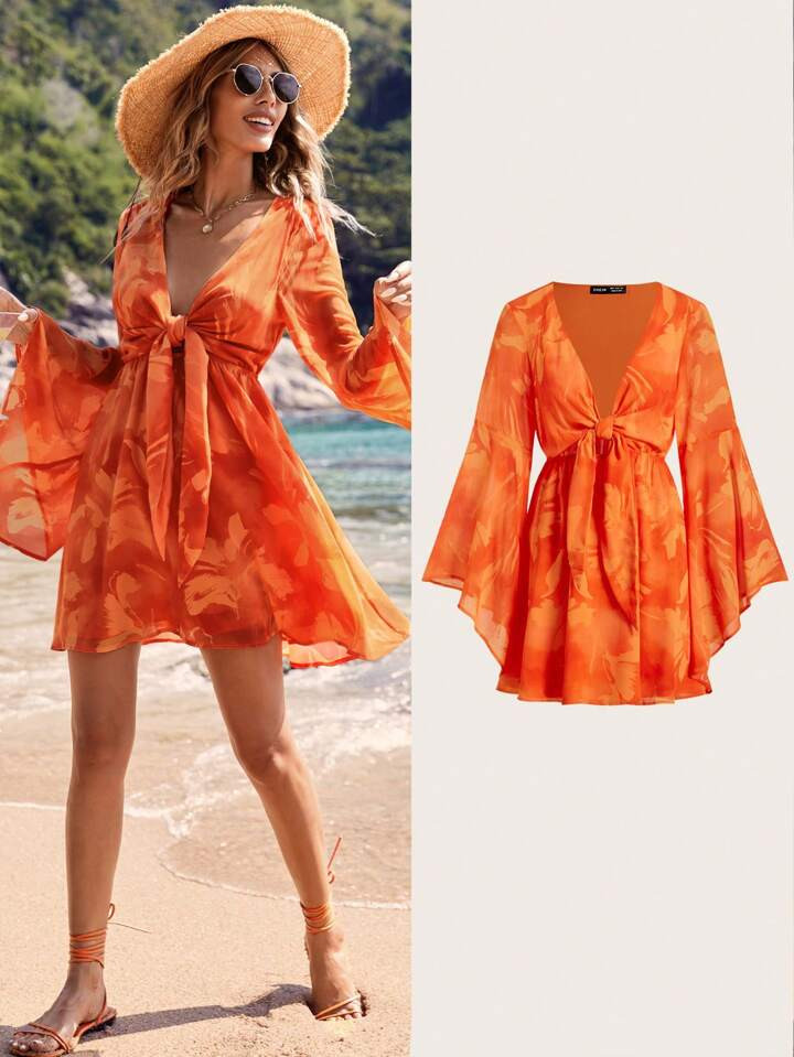 SHEIN VCAY Summer Beach Women Outfits Holiday Flower Print Bell Sleeve Tie Waist Women's Dress | SHEIN