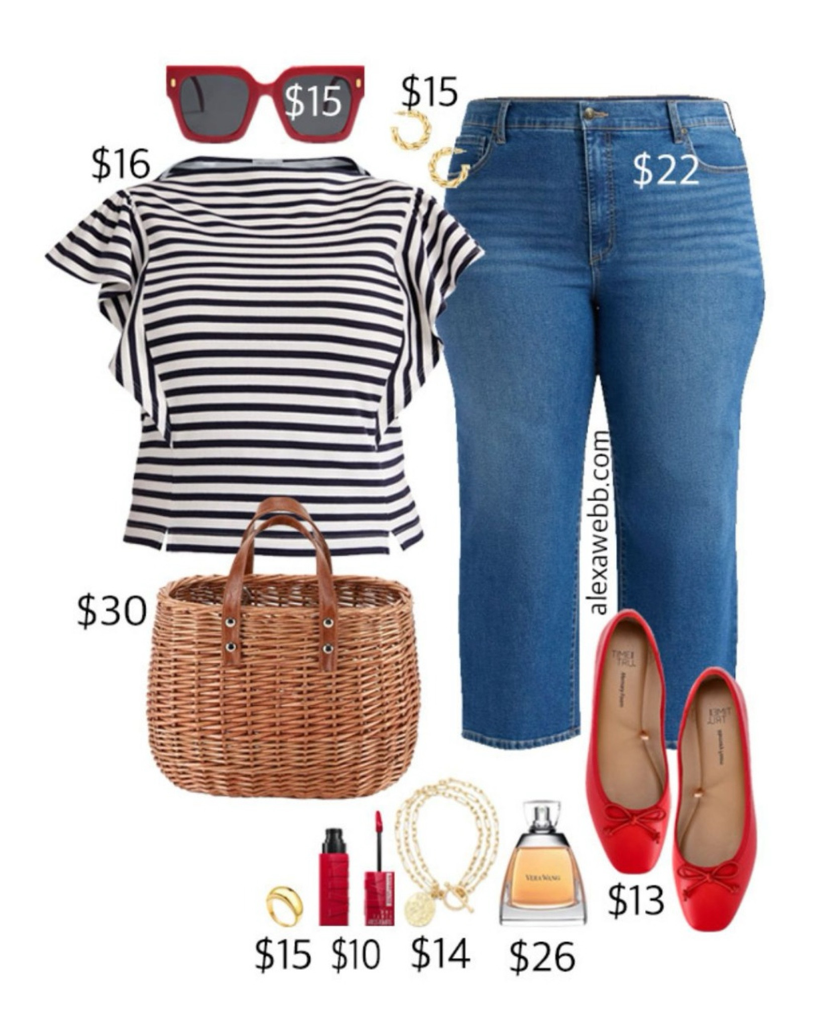 Plus Size on a Budget – Spring Stripe Outfit - A plus size navy striped flutter sleeve tee and cropped jeans with red flats and a basket bag. So cute for casual outings this spring. Alexa Webb #plussize

#LTKStyleTip #LTKOver40 #LTKPlusSize