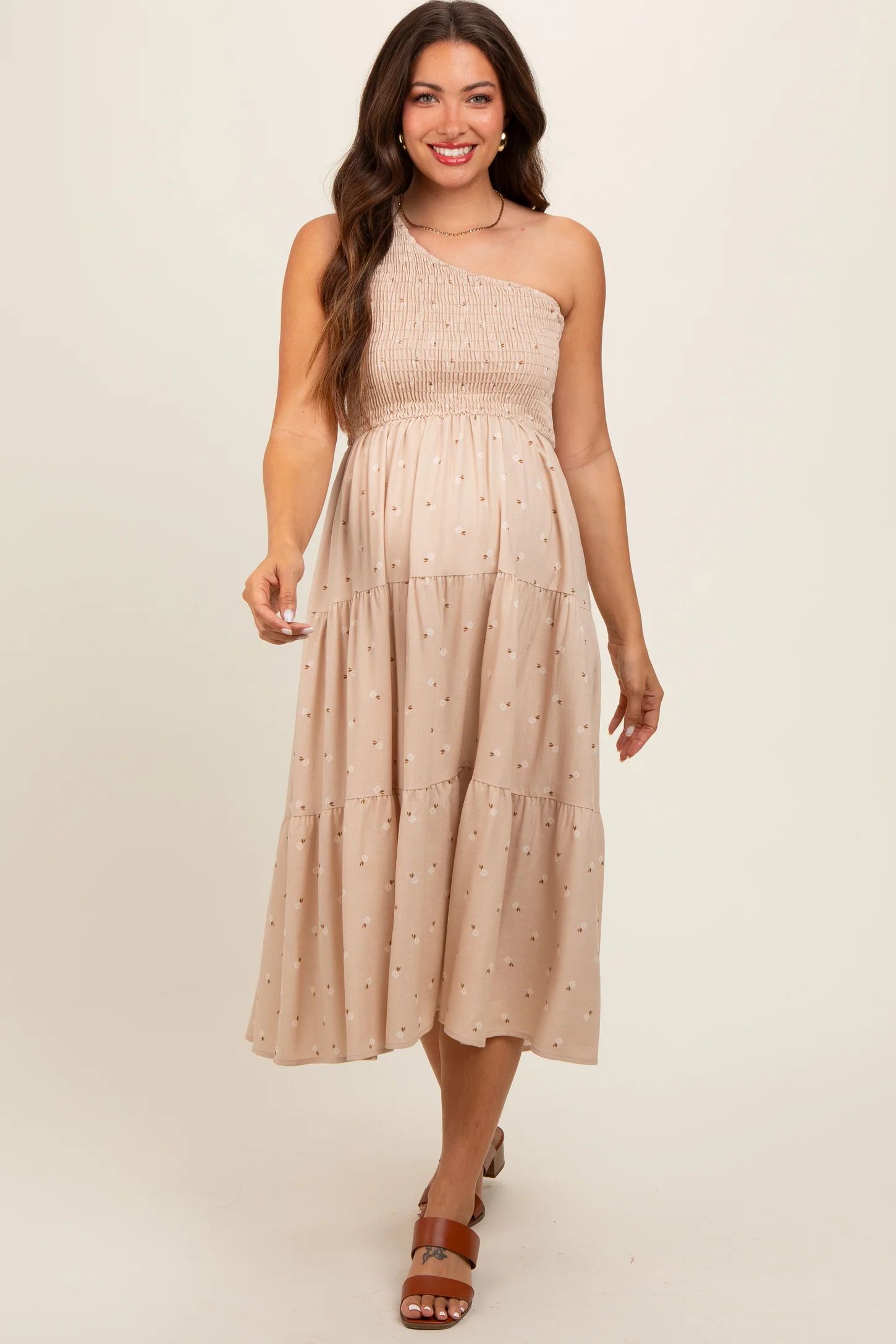 Beige Floral Linen Smocked One Shoulder Tiered Maternity Midi Dress | PinkBlush Maternity