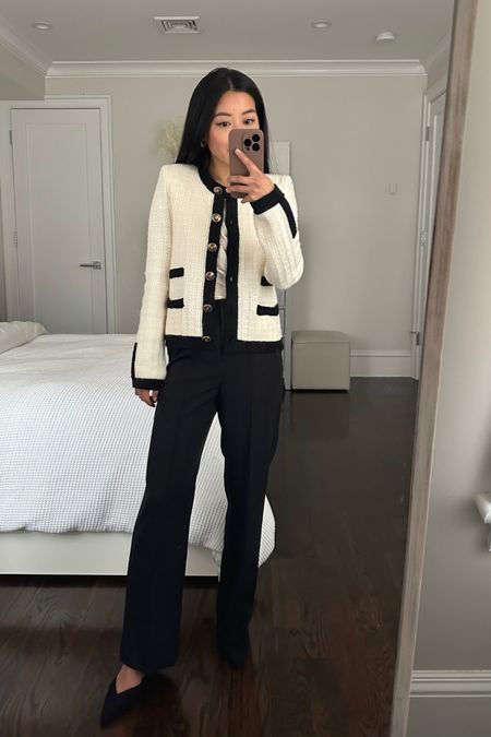 50% off Express high waist trouser pant // winter work outfit 

Also linked the velvet corset I love that’s on sale and restocked. 

•Express tweed look sweater jacket xs - soo cute and soft! Also very chic work causally with jeans and sneakers 
•High waist black trouser 00 short, very petite friendly 
•Draped top xxs

#petite #workwear workoutfit

#LTKstyletip #LTKSeasonal #LTKworkwear