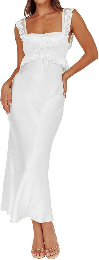 Satin Off The Shoulder Sleeveless Lace Trim Maxi Dress 2025 Summer Elegant Formal Bridesmaid Dres... | Amazon (US)