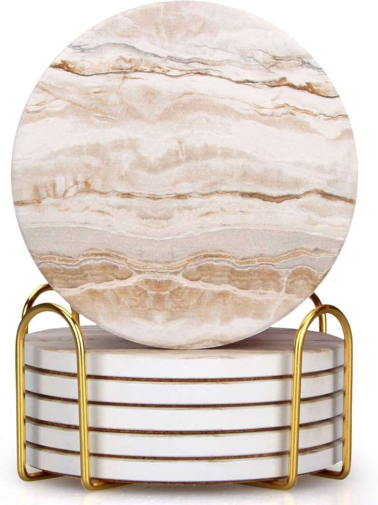 6 Pcs Marble Ceramic Coasters with Holder Best Absorbent Drink Coasters Round Ceramic Table Coast... | Amazon (US)