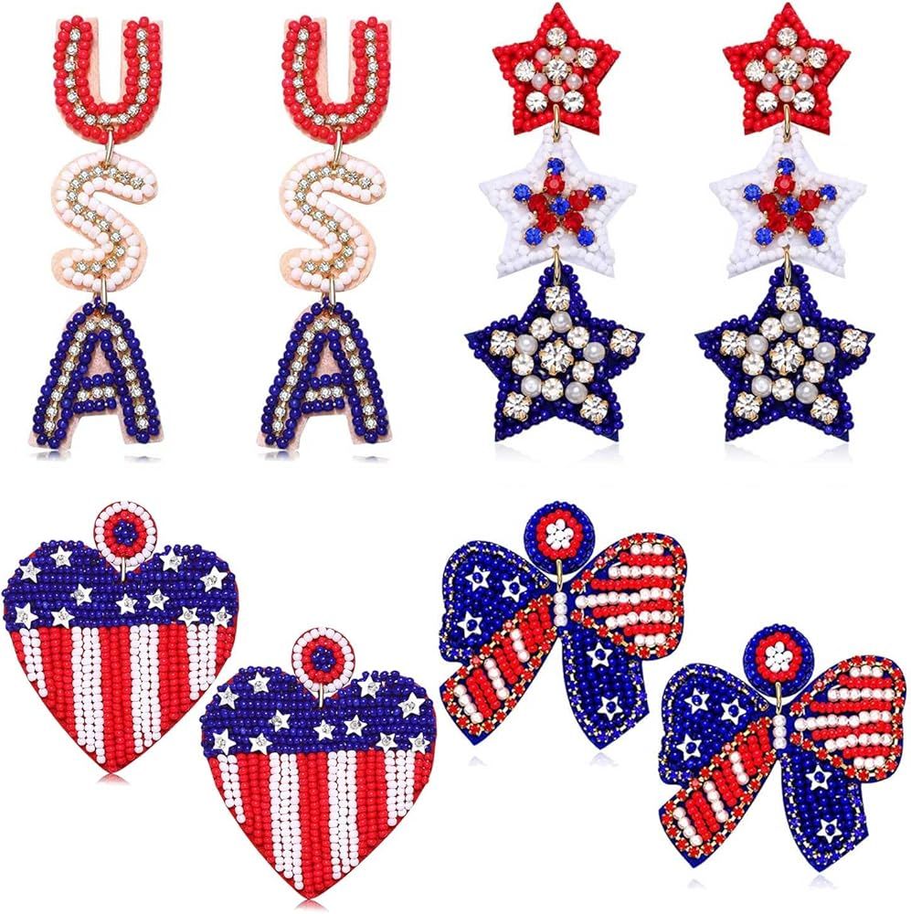 4 Pairs 4th of July Earrings American Flag Earrings Patriotic Earrings for Women Handmade Beaded ... | Amazon (US)