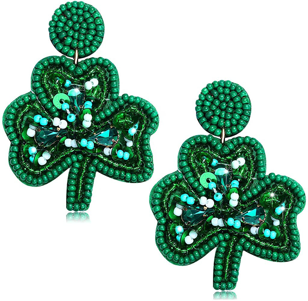 St. Patrick's Day Earrings Beaded Green Leaf Earring for Women Handmade Lucky Shamrock Hat Drop D... | Amazon (US)