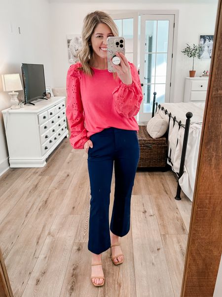 Eyelet sleeve top 50% off! Size: XS (runs large)
Pants are 40% off! Size: 00P (run small)
work outfit/ business casual/ workwear

#LTKsalealert #LTKunder50 #LTKworkwear
