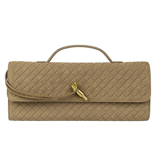Joryin Woven Purse for Women Evening Clutch Woven Leather Handbags Light Brown Suede Crossbody Bag Purse Formal Evening Bag | Amazon (US)