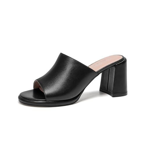 BEAU TODAY Women's Block Heel Mule Sandals,Slip On Comfortable Heeled Sandals,Open Toe Casual Comfort Slide Shoes Black 7.5 | Amazon (US)