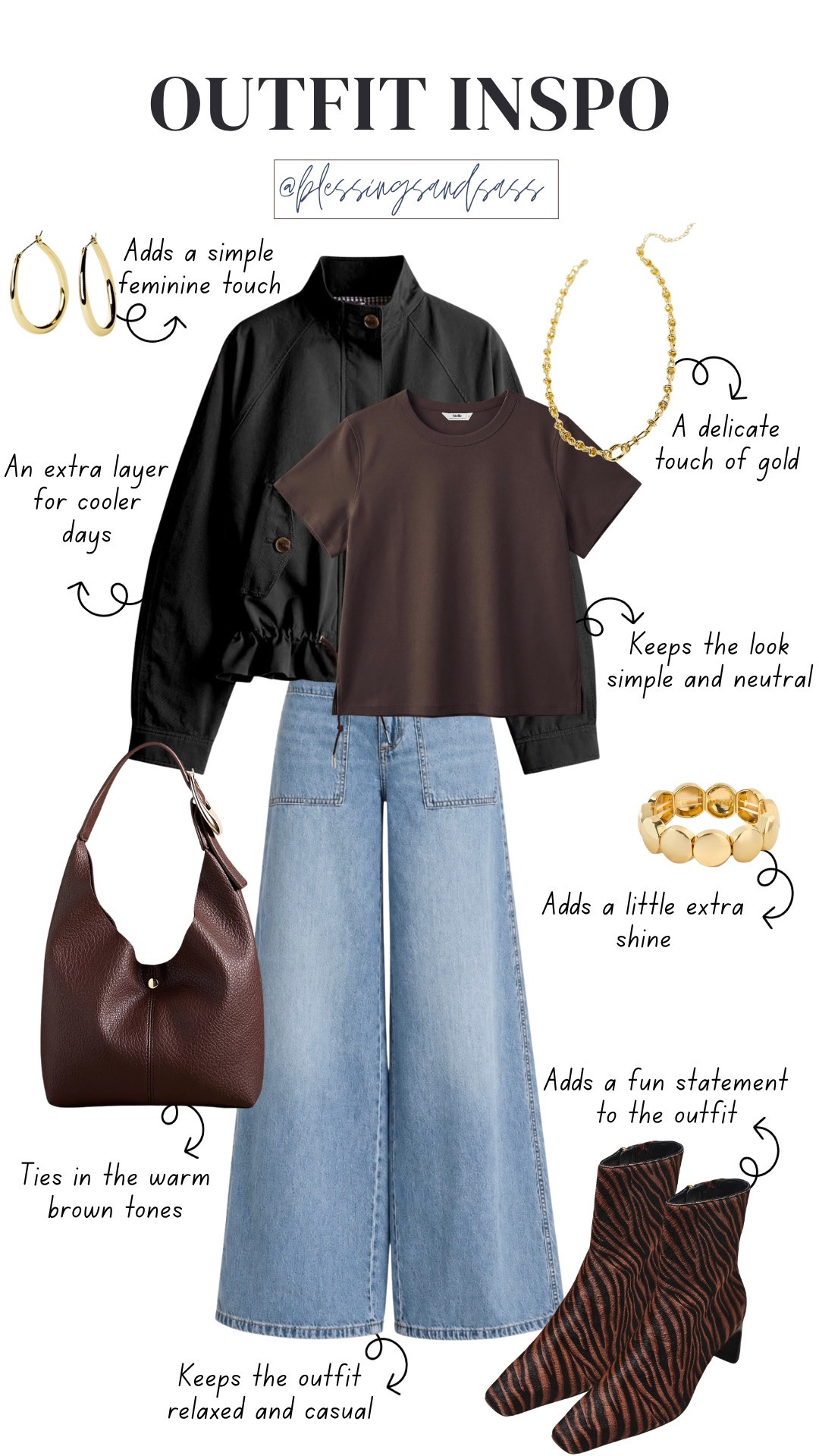 A simple jeans-and-tee outfit with a little personality! 🤎 Add a black jacket for cooler days, a brown bag, and these fun animal-print boots to finish it off. Linking the whole look here!

casual fall outfit, brown tee, black jacket, wide leg jeans, animal print boots, brown shoulder bag, gold jewelry, fall outfit inspiration

#LTKSeasonal #LTKootd