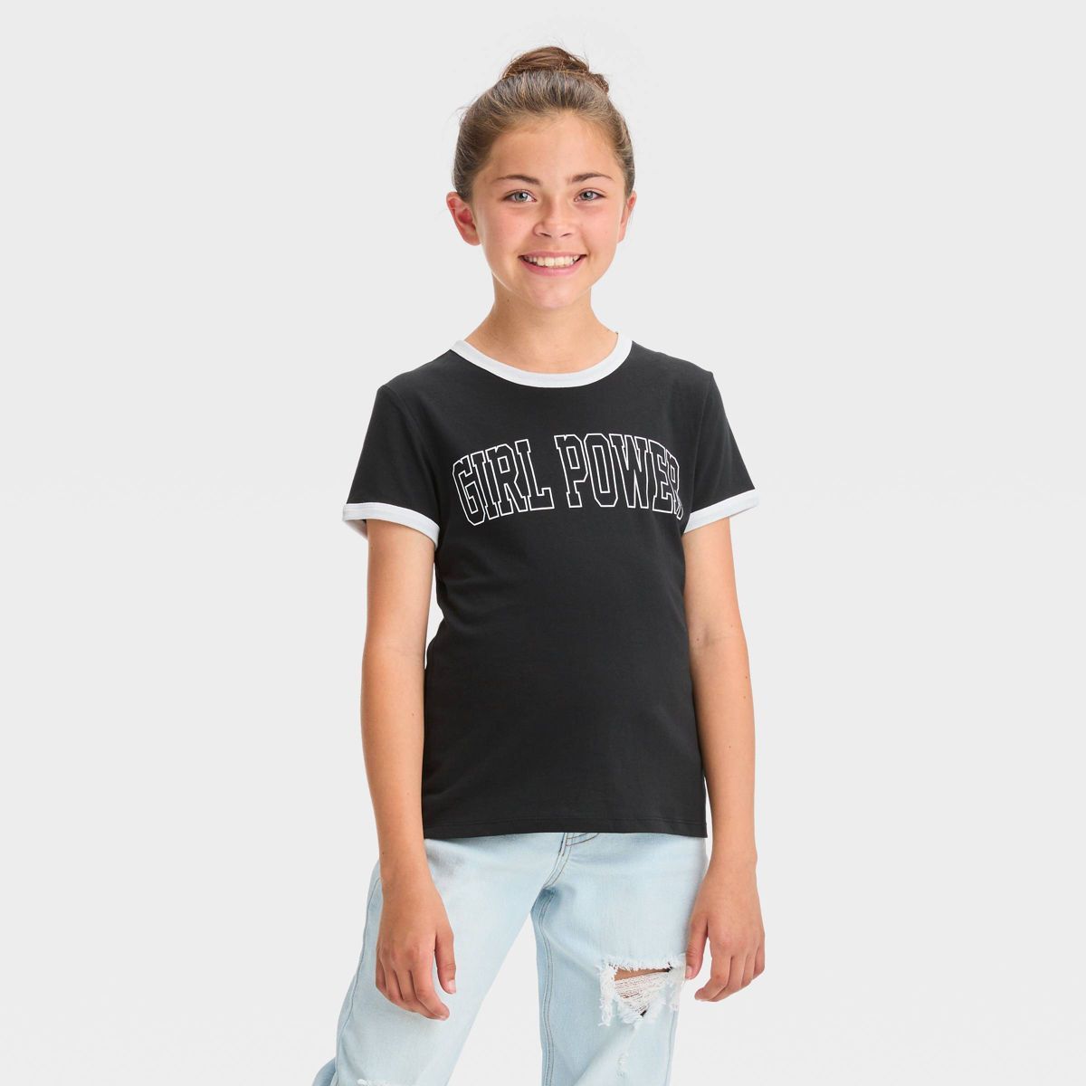 Girls' Short Sleeve Ringer 'Girl Power' Graphic T-Shirt - art class™ Black | Target