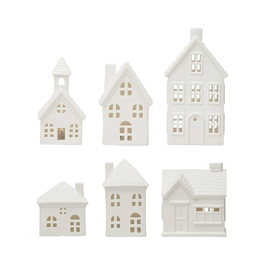 Creative Co-Op Stoneware Bisque Houses with LED Lights, White, Set of 6 | Amazon (US)
