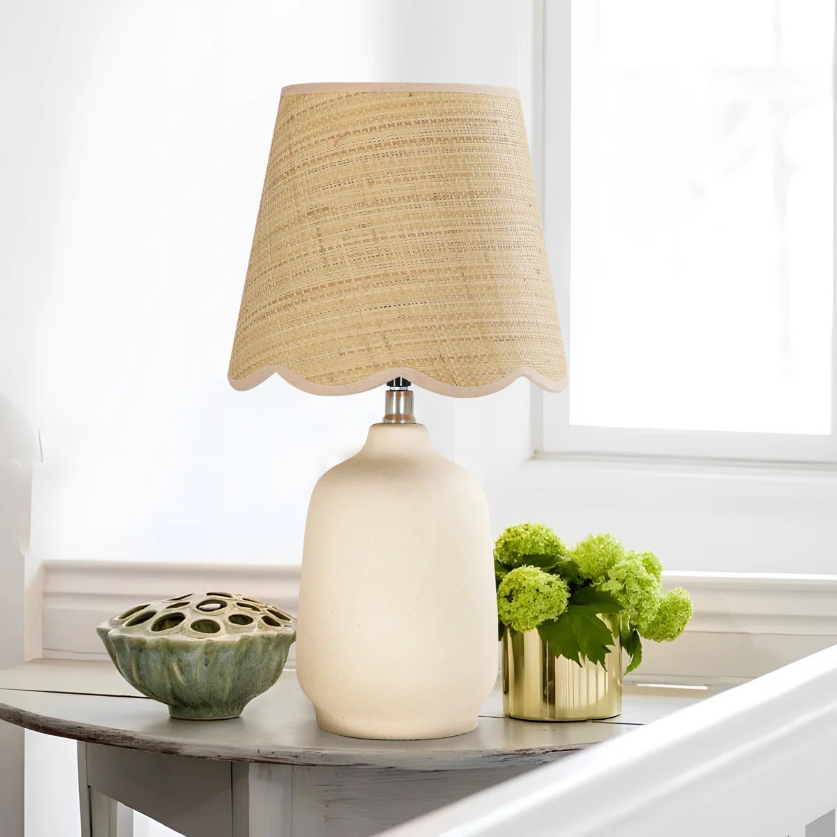 Kokenos Ceramic and Rattan Table Lamp with Scallop Shade | Wayfair North America