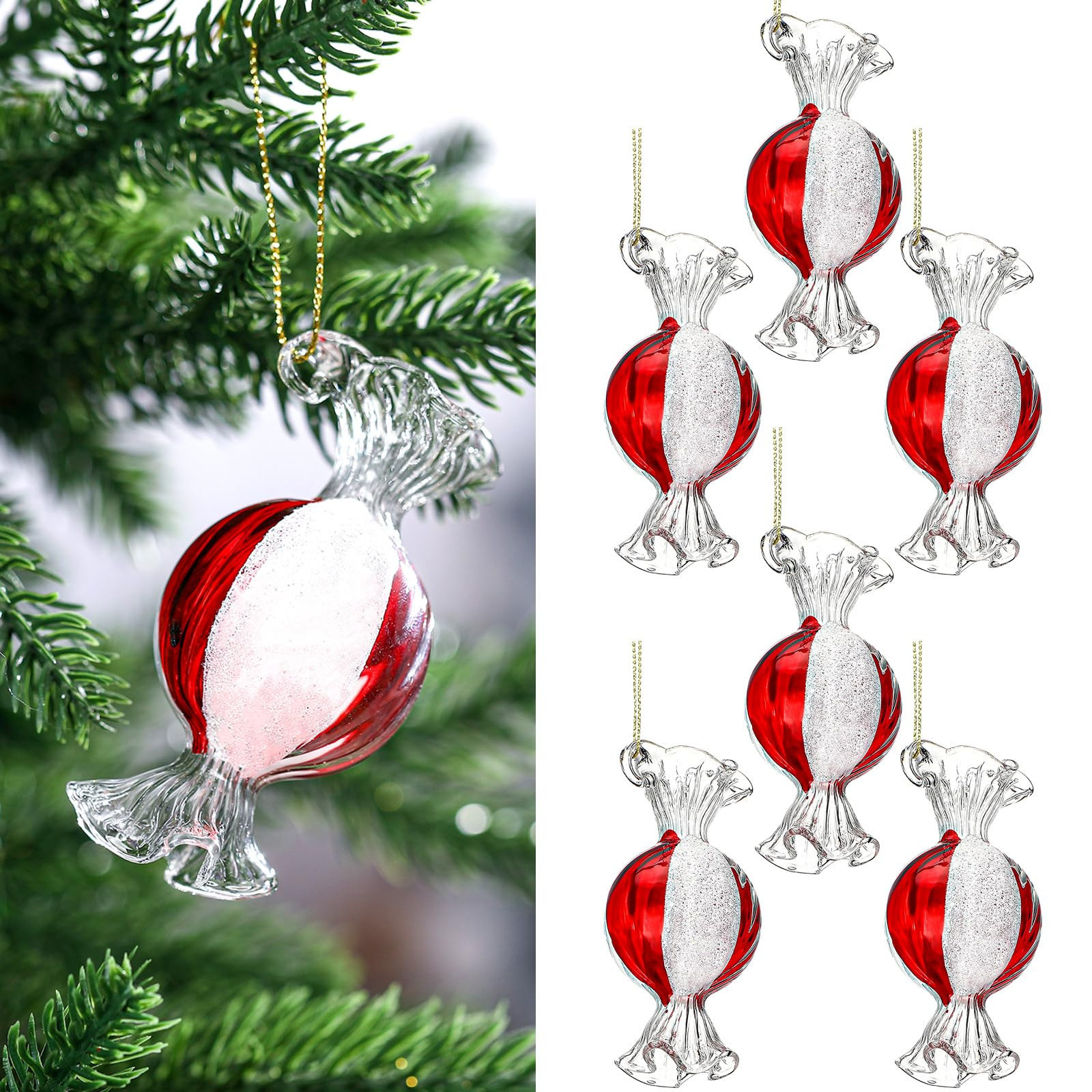 Syhood 6 Pcs Christmas Candy Ball Glass Ornament Red and White Striped Peppermint Hanging Ornamen... | Amazon (US)