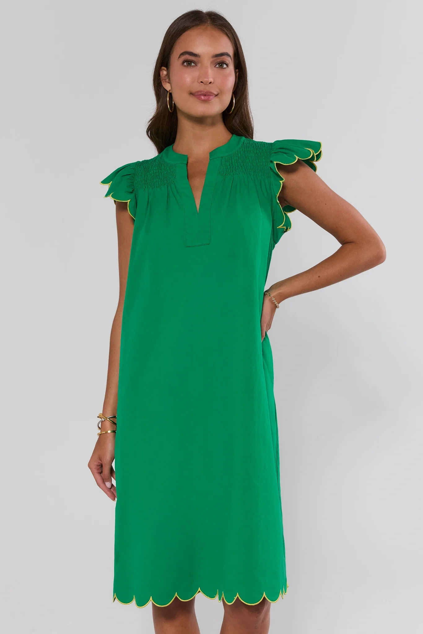 Green Scalloped Flutter Sleeve Midi Dress | Avara