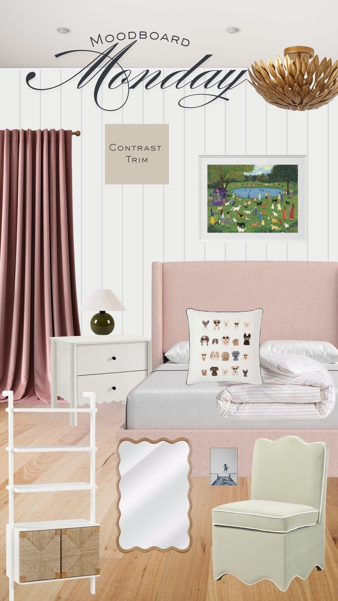 Giveaway winner! Loves: light pink and dogs. Needs: space to display all of her collections. This girls room design checks all of those boxes, and allows her space to grow into her teens!