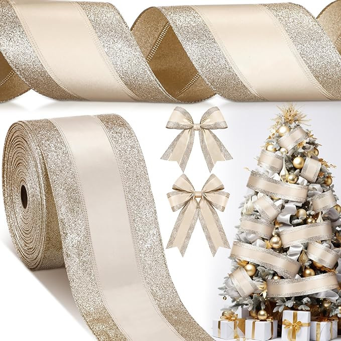 Christmas Glitter Wired Ribbon 4 Inch Wide Stripe Wired Edge Ribbon Holiday Fabric Ribbons for De... | Amazon (US)