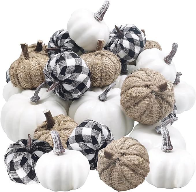 24 Pcs Various Artificial Pumpkins Set,White Pumpkins,Cloth Black White Plaid Fabric Pumkins and ... | Amazon (US)