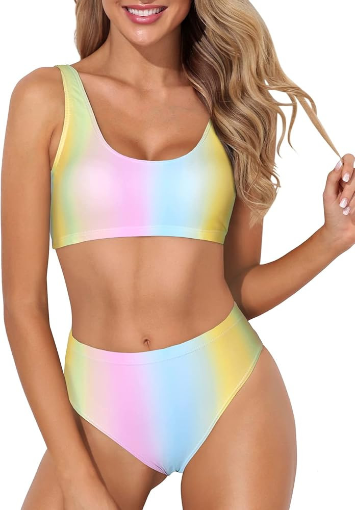 Tempt Me Women Two Piece Scoop Neck Bikini Crop Top High Cut Swimsuit Sporty High Waisted Bathing Su | Amazon (US)