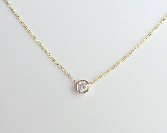 Diamond Solitaire Necklace / Diamond Bezel Necklace 0.20ct / 14k Gold Diamond Necklace / Dainty D... | Etsy (US)