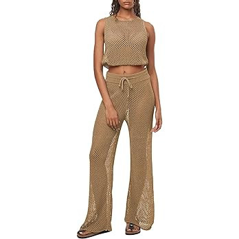 Pink Queen Women's Swimsuit Cover Up Set 2 Pieces Crochet Sleeveless Crop Top Wide Leg Long Pants... | Amazon (US)