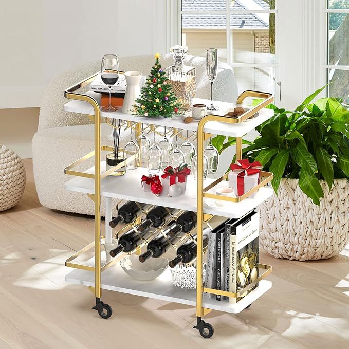 Jubao Gold Bar Cart for the Home, 3-Tier Home Bar Serving Cart with Glass Holders and 8 Wine Rack... | Amazon (US)