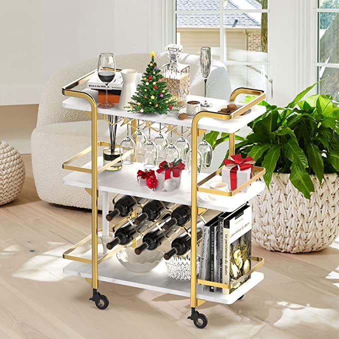 Jubao Gold Bar Cart for the Home, 3-Tier Home Bar Serving Cart with Glass Holders and 8 Wine Rack... | Amazon (US)
