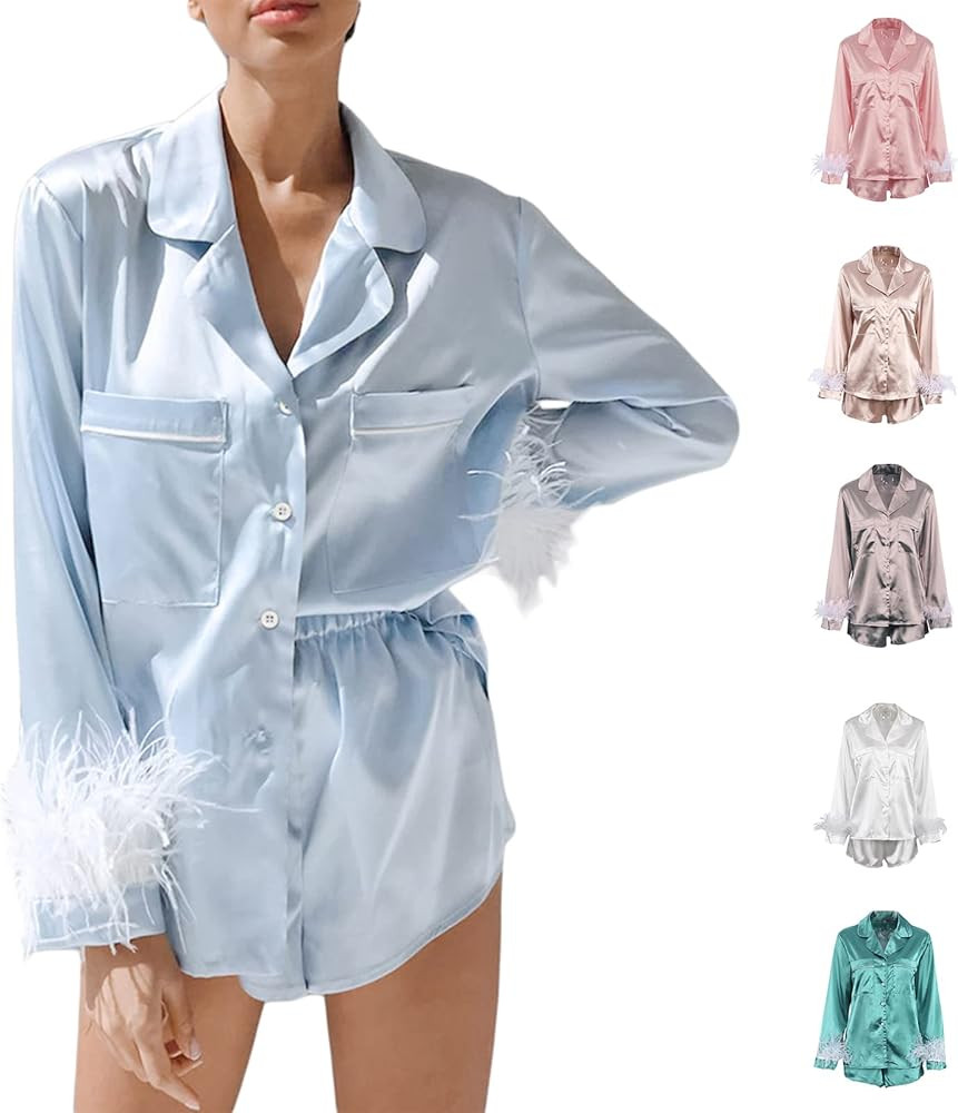 Women Satin Feather Sleeve Pajamas Set Button Down Long Sleeve Sleepwear Silk Shorts 2Pcs Nightwe... | Amazon (US)