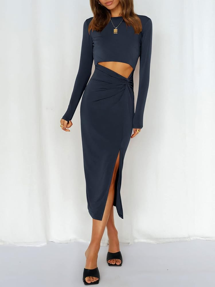 Prinbara Women’s Midi Dress Cutout Slit Long Sleeve Crewnenk Twist Sexy Bodycon Dresses | Amazon (US)