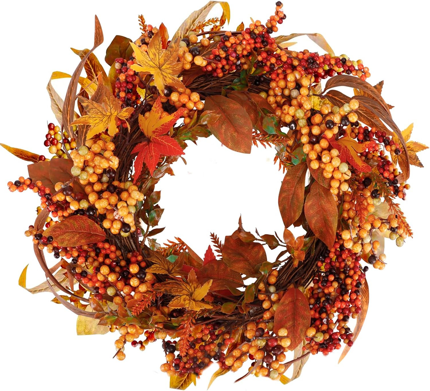 FUNARTY Fall Wreath for Front Door 18 Inches Artificial Autumn Wreath with Leaves and Berries for... | Amazon (US)