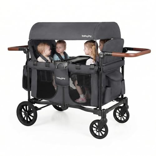 BABY JOY Wagon Stroller for 4 Kids, Foldable Stroller Wagon with Removable Canopy, Adjustable Handle, Snack Tray, Parent Organizer, 5-Point Safety Harness, Convertible Diaper Bag/Changing Pad (Gray) | Amazon (US)