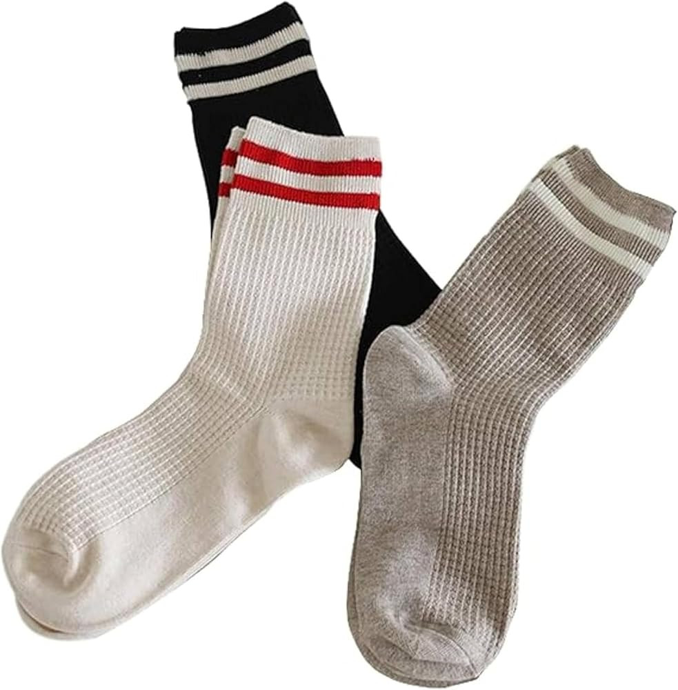 3 Pairs Waffle Knit Socks Striped Crew Socks Women Y2k Cute Slouch Socks Preppy Stuff 2024 Aesthe... | Amazon (US)
