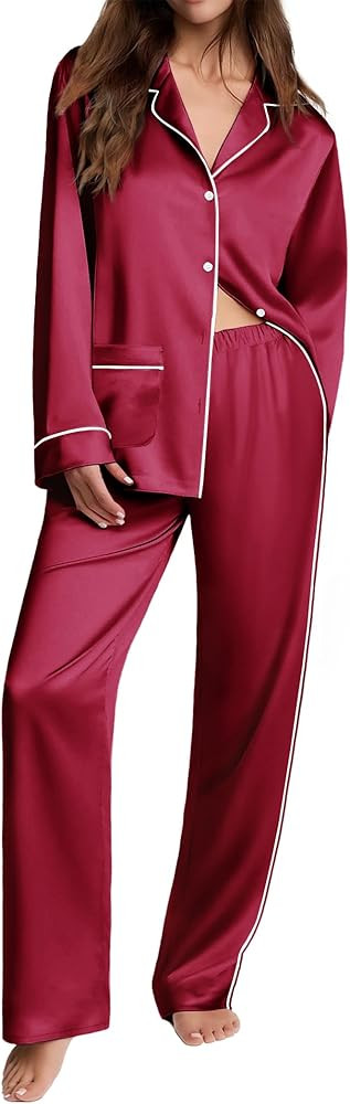 Ekouaer Womens Pajama Sets Satin Silk Pjs Classic Button Down Sleepwear Soft Long Sleeve Lounge S... | Amazon (US)