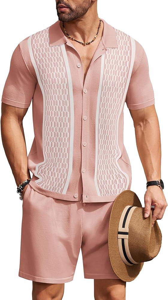 COOFANDY Men's 2 Piece Outfit Vintage Short Sleeve Button Down Knit Polo Shirts Casual Beach Shor... | Amazon (US)