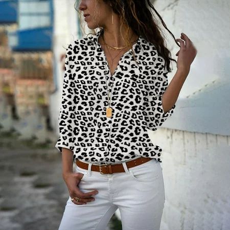 Simday Casual Lady Blouses Shirt Print Lapel Loose Shirts Top (White Leopard XL) | Walmart (US)