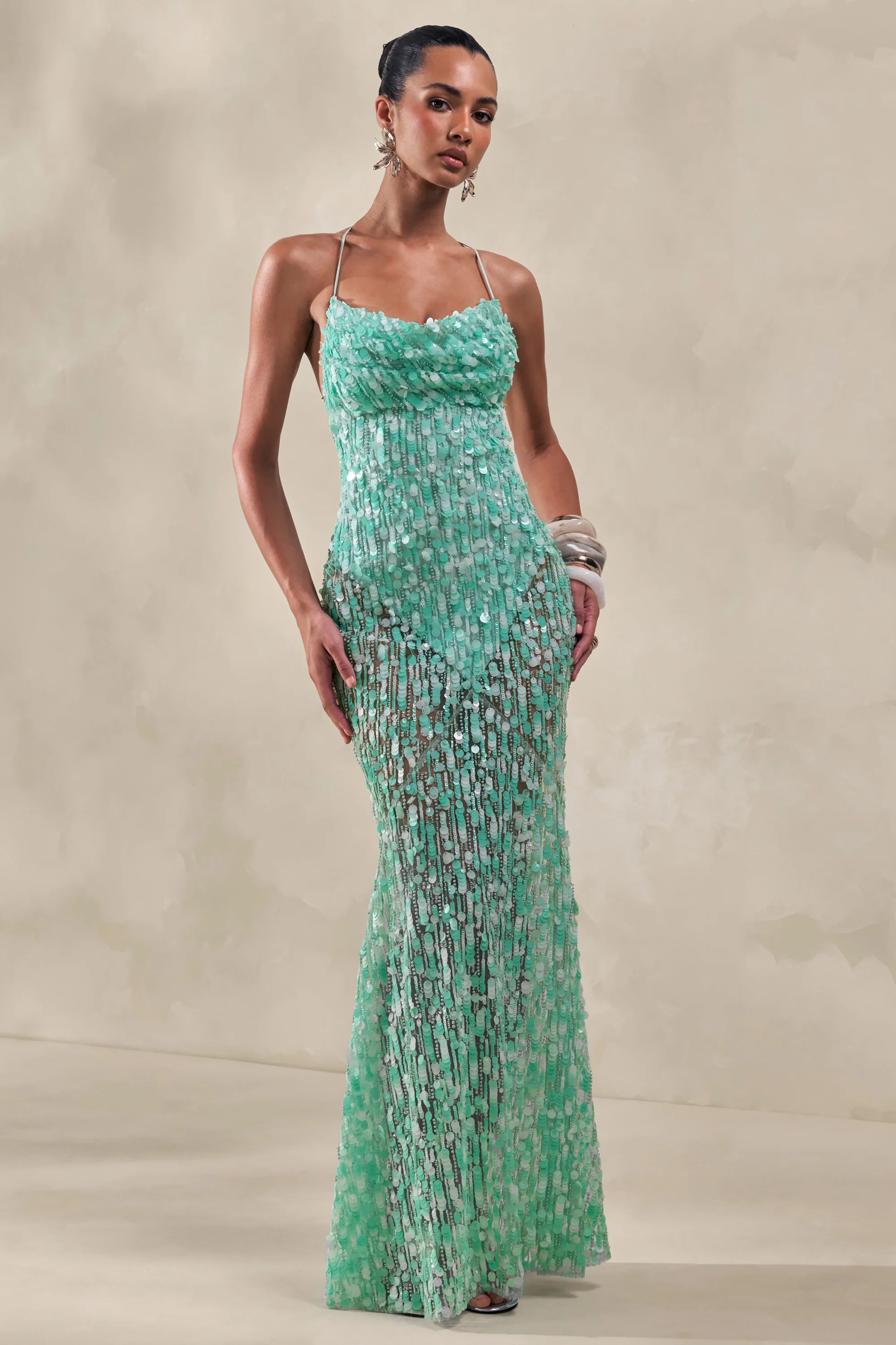 Taryn | Turquoise Sequin Cowl-Neck Maxi Dress With Sheer Skirt | Club L London